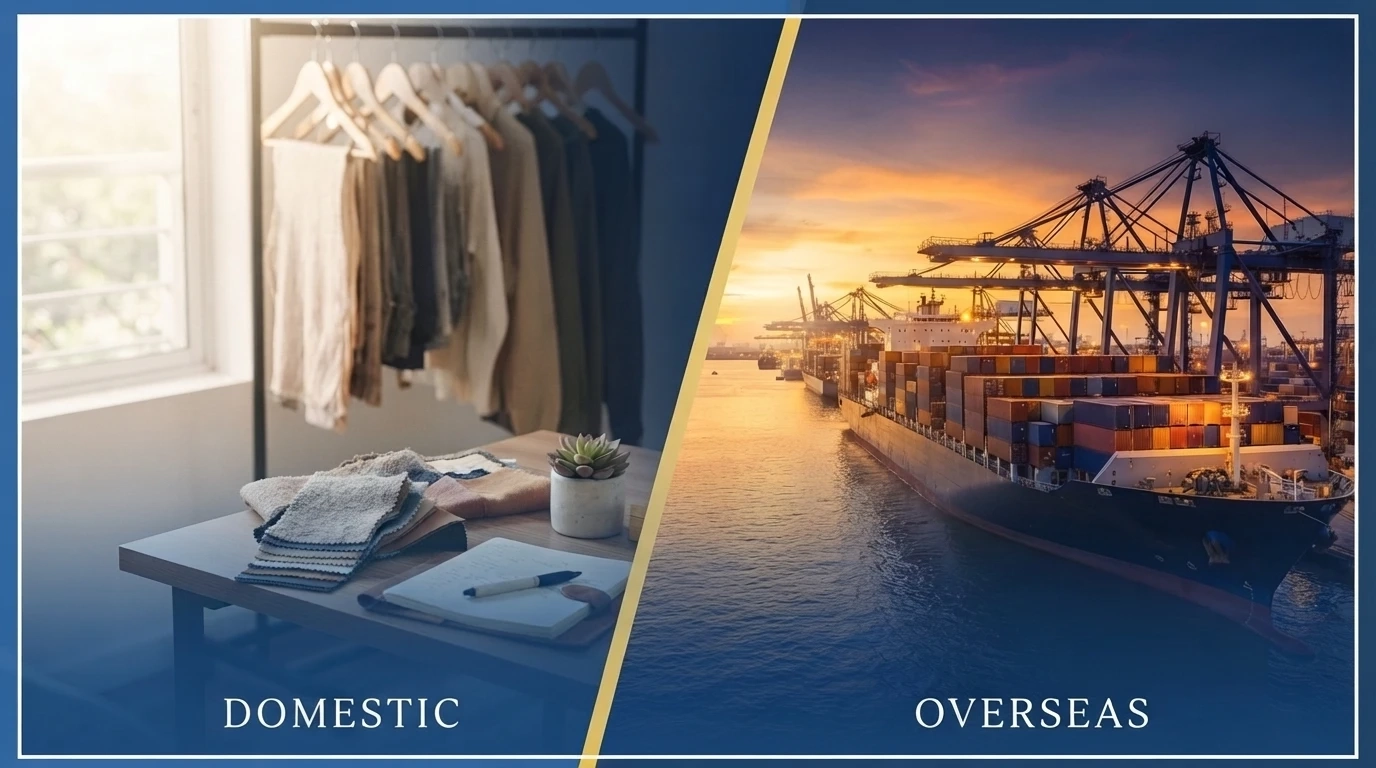 Comparing domestic and overseas clothing production: a local garment workshop and a container ship
