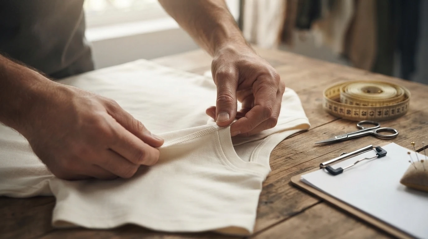 Hands inspecting the stitching and seams of a garment sample with a measuring tape and a checklist
