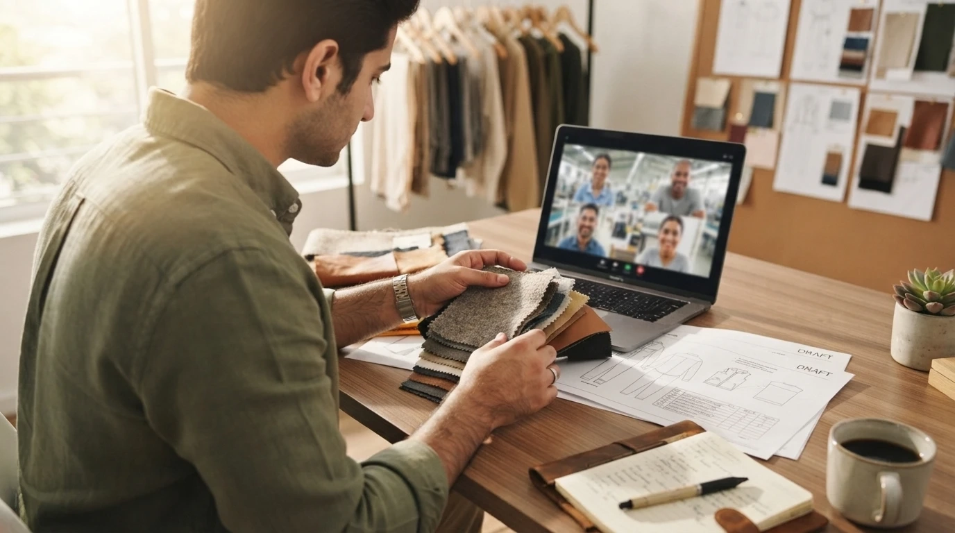 Small brand founder comparing fabric swatches and a tech pack while on a video call with a clothing factory